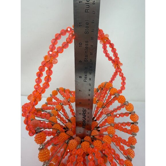 Vintage Handmade 10.5" Safety Pin Beaded Basket In Vibrant Orange & Red Beads - Picture 5 of 6